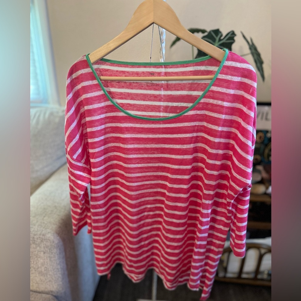 Talbots 100% linen Pink and White Striped Top with Green XL Beach Vacation